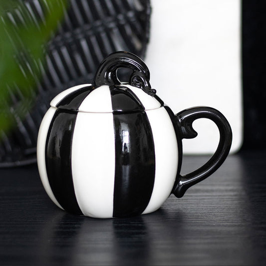 Black & White Stripe Pumpkin Lidded Mug