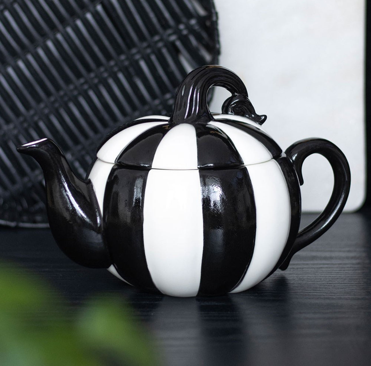Black & White Striped Pumpkin Teapot